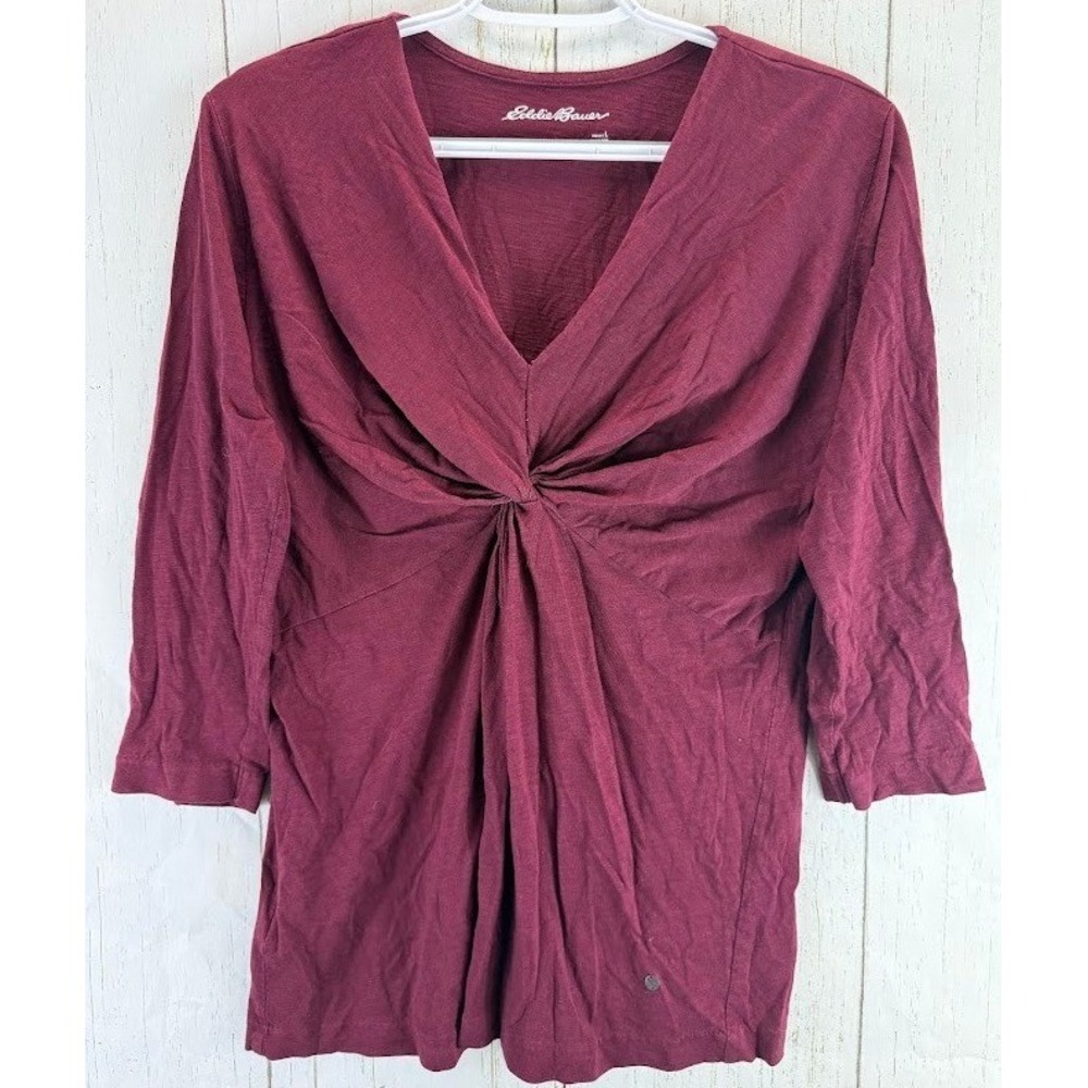 Eddie Bauer Women Burgundy Twist Front V-Neck 3/4 Sleeve Cotton Modal Top Large